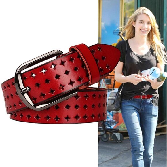 Women's Red Soft Genuine Leather Belts with Pin Buckle Comfortable - Picture 2 of 6